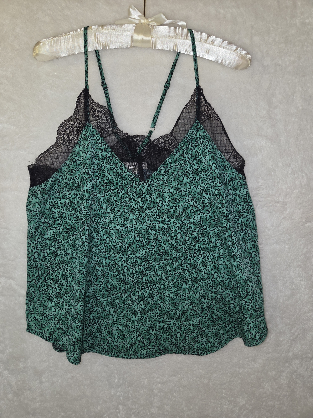 Women's La Miel Y2K Style Green Blk Cheetah Print Cami Tank w/ Lace Neck Sz S